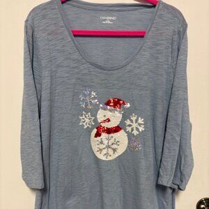 CATHERINES WOMENS SEQUIN SNOWMAN 3/4 SLEEVE TEE. S. 1X